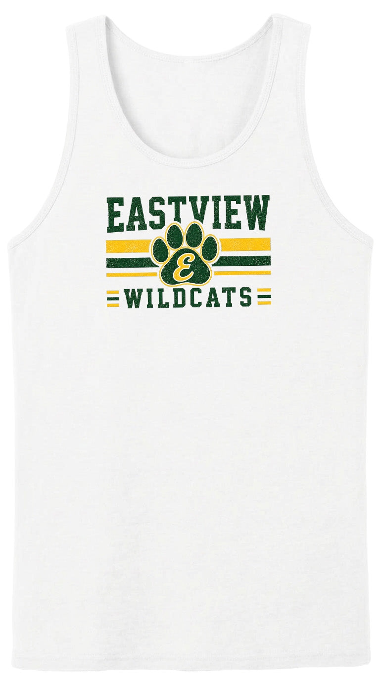 A white tank top with a graphic design featuring the text "EASTVIEW WILDCATS" and a paw print logo.