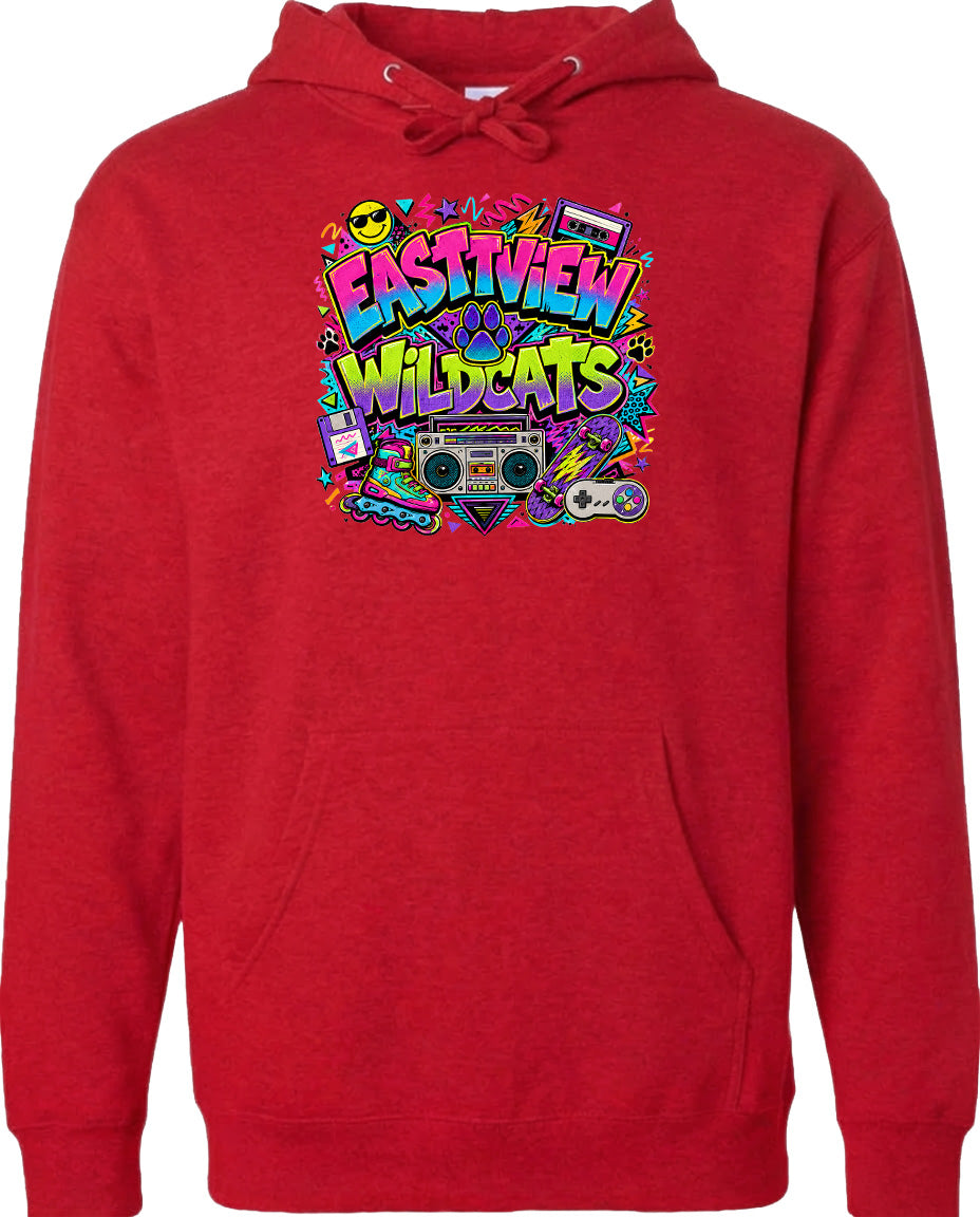 A red hoodie with a colorful graphic design featuring a boombox, sunglasses, and various other elements.