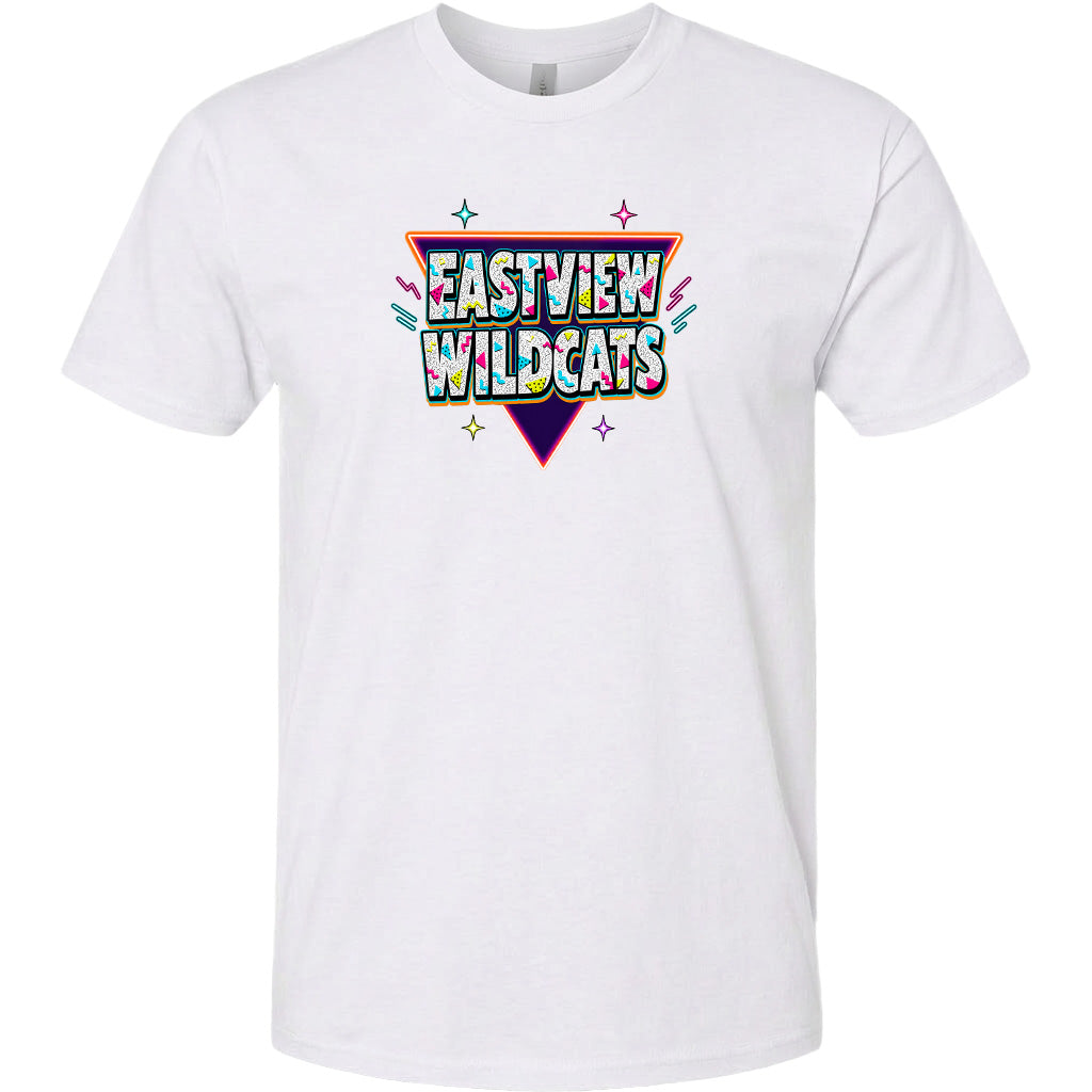 A white t-shirt with a colorful graphic design featuring the text "EASTVIEW WILDCATS" in a stylized font.