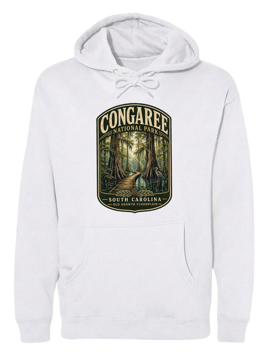 A white hoodie with a graphic design depicting a forest scene, specifically the Congaree National Park in South Carolina.