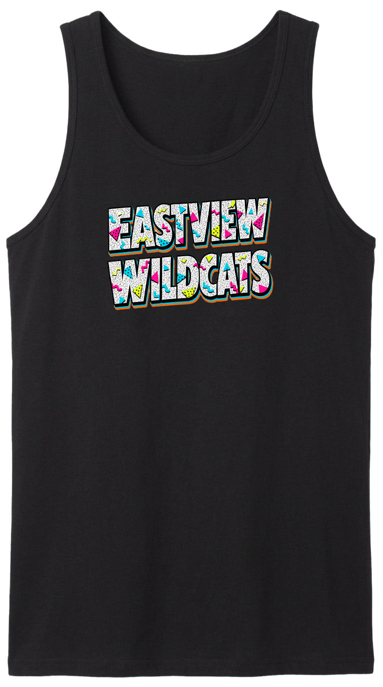 A black tank top with the text "EASTVIEW WILDCATS" printed on it in a colorful, stylized font.