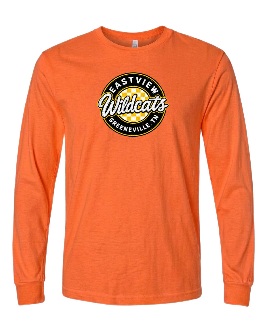 An orange long-sleeved t-shirt with a logo on the front.