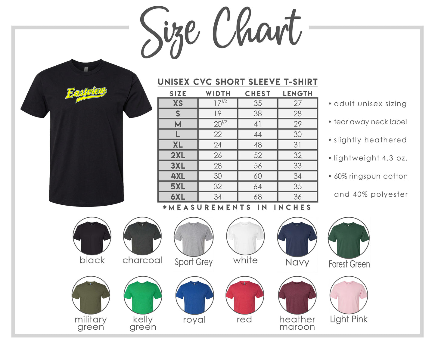 The image is a size chart for a UNISEX CVC short sleeve t-shirt, providing measurements for different chest sizes and sleeve lengths.