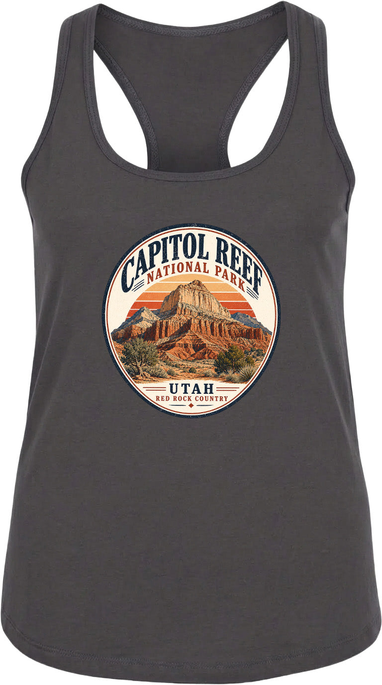 A gray tank top with a circular graphic design featuring the Capitol Reef National Park in Utah.
