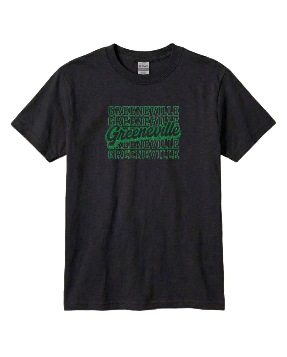 A black t-shirt with a graphic design featuring the text "Greenville" in green and white.