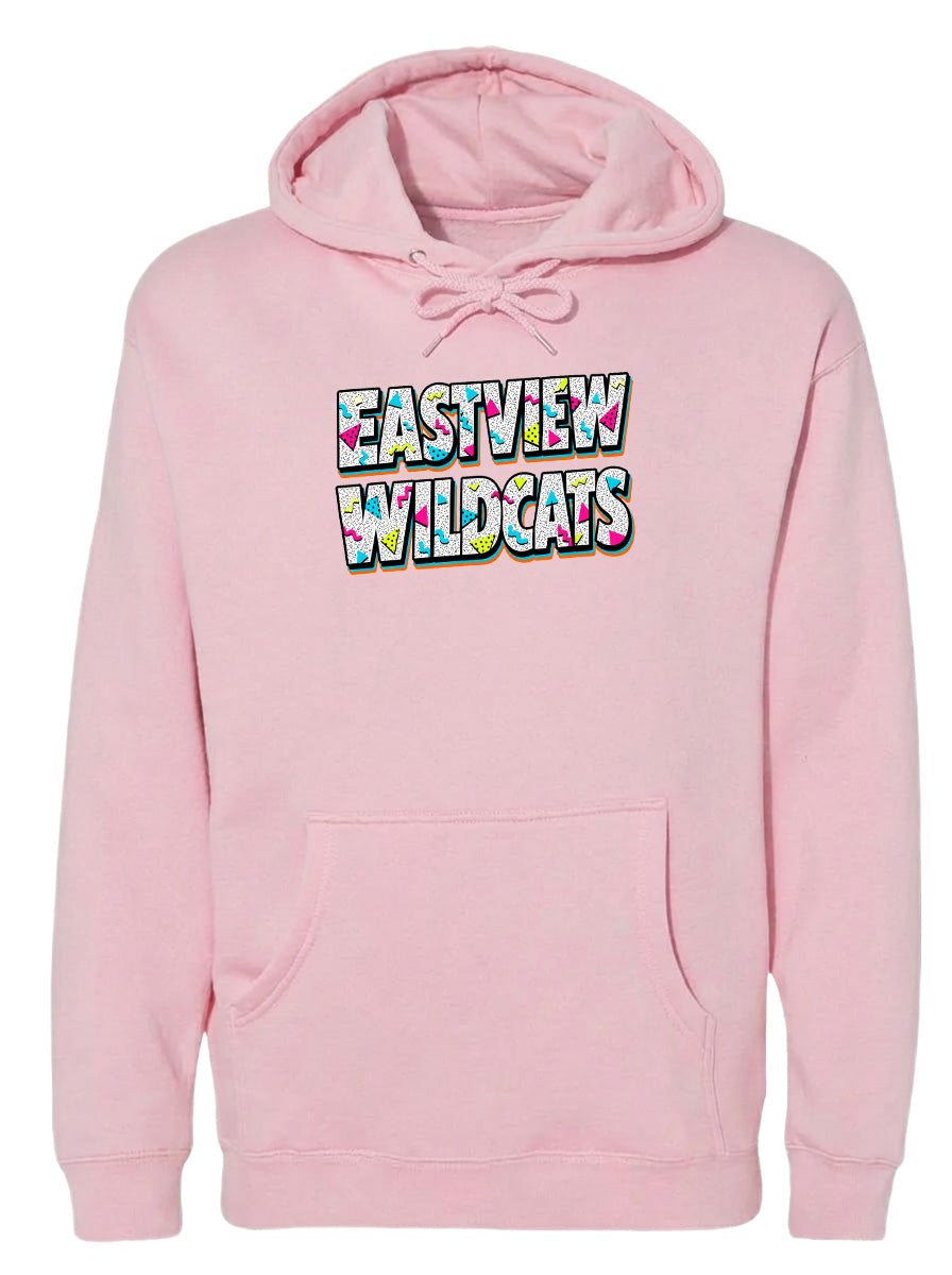 A pink hoodie with the text "EASTVIEW WILDCATS" printed on it.