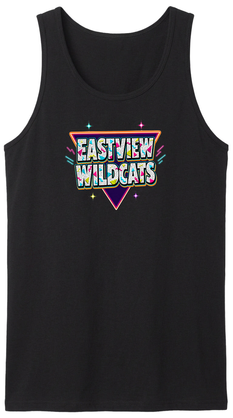 A black tank top with a colorful graphic design featuring the text "EASTVIEW WILDCATS" in a retro style.