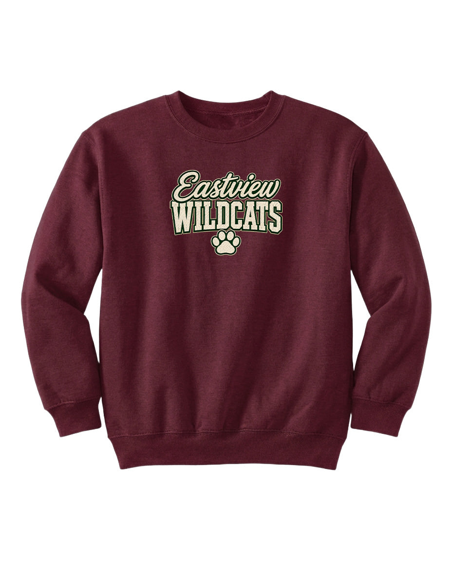 A burgundy sweatshirt with the text "Eastview Wildcats" printed on it.