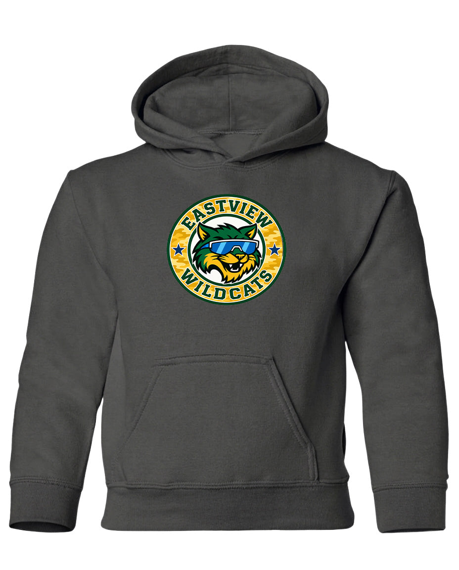 A gray hoodie with a logo on the front.
