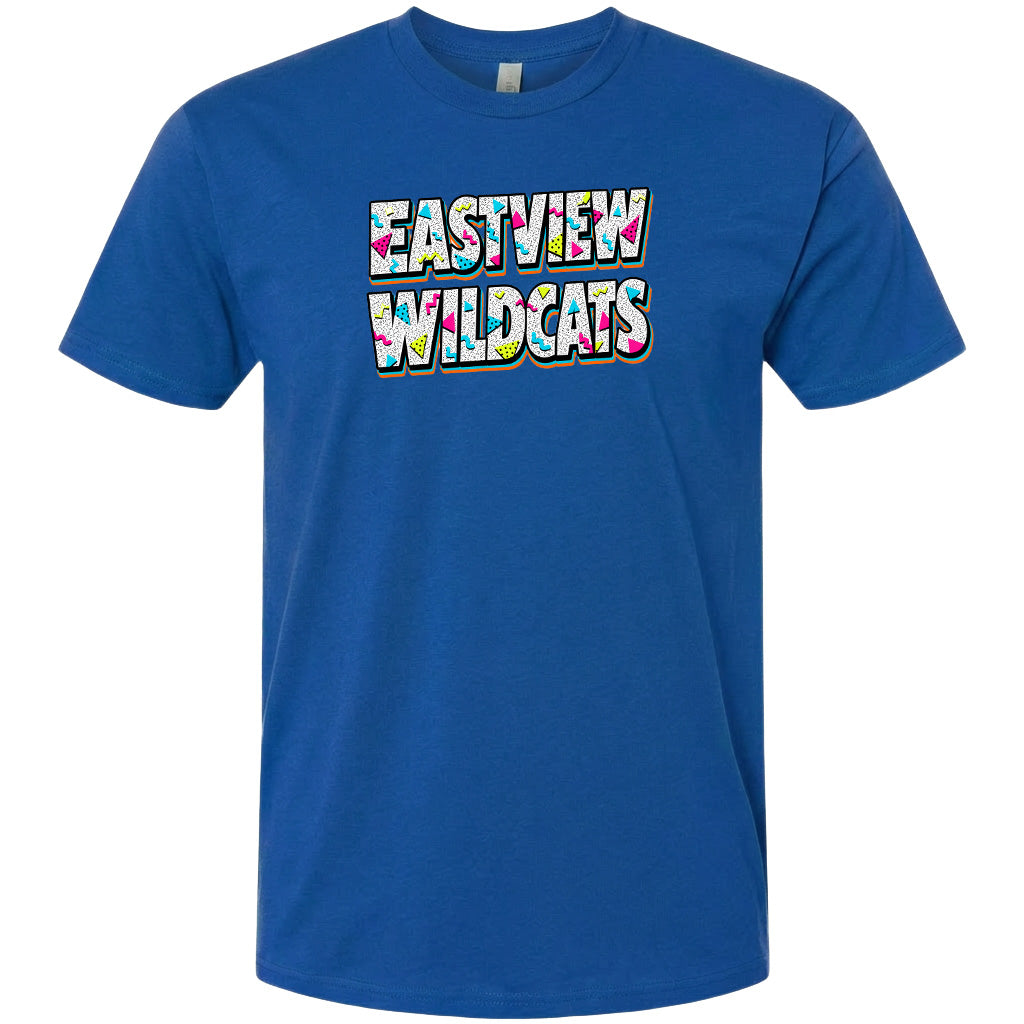A blue t-shirt with the text "EASTVIEW WILDCATS" printed on it.