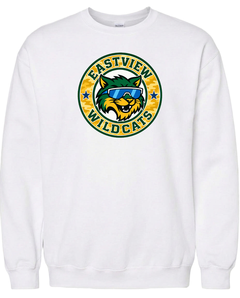 A white sweatshirt with a graphic design featuring a stylized wildcat wearing sunglasses.
