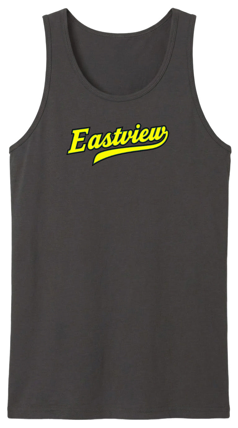 A gray tank top with the word "Eastview" printed in yellow on it.