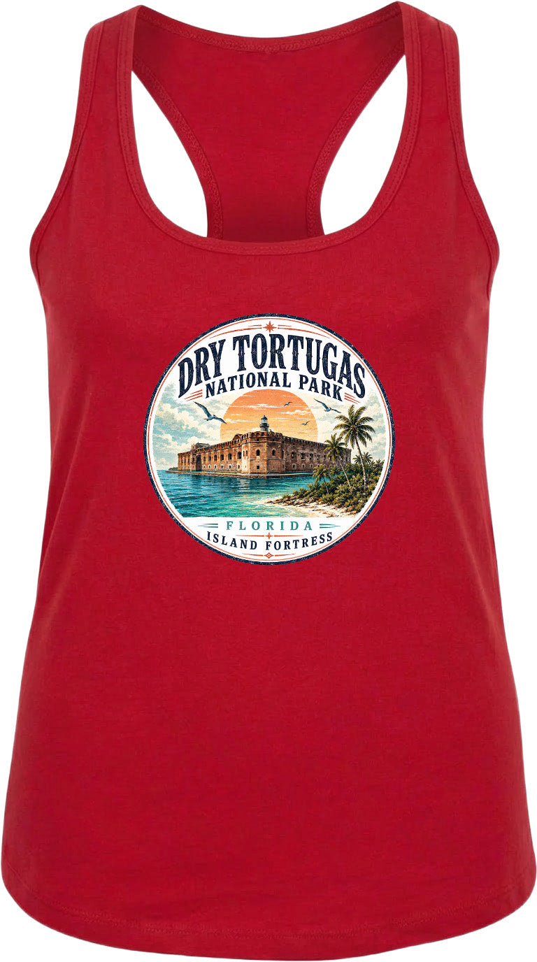 A red tank top with a circular graphic design featuring the Dry Tortugas National Park in Florida, including a building and palm trees.