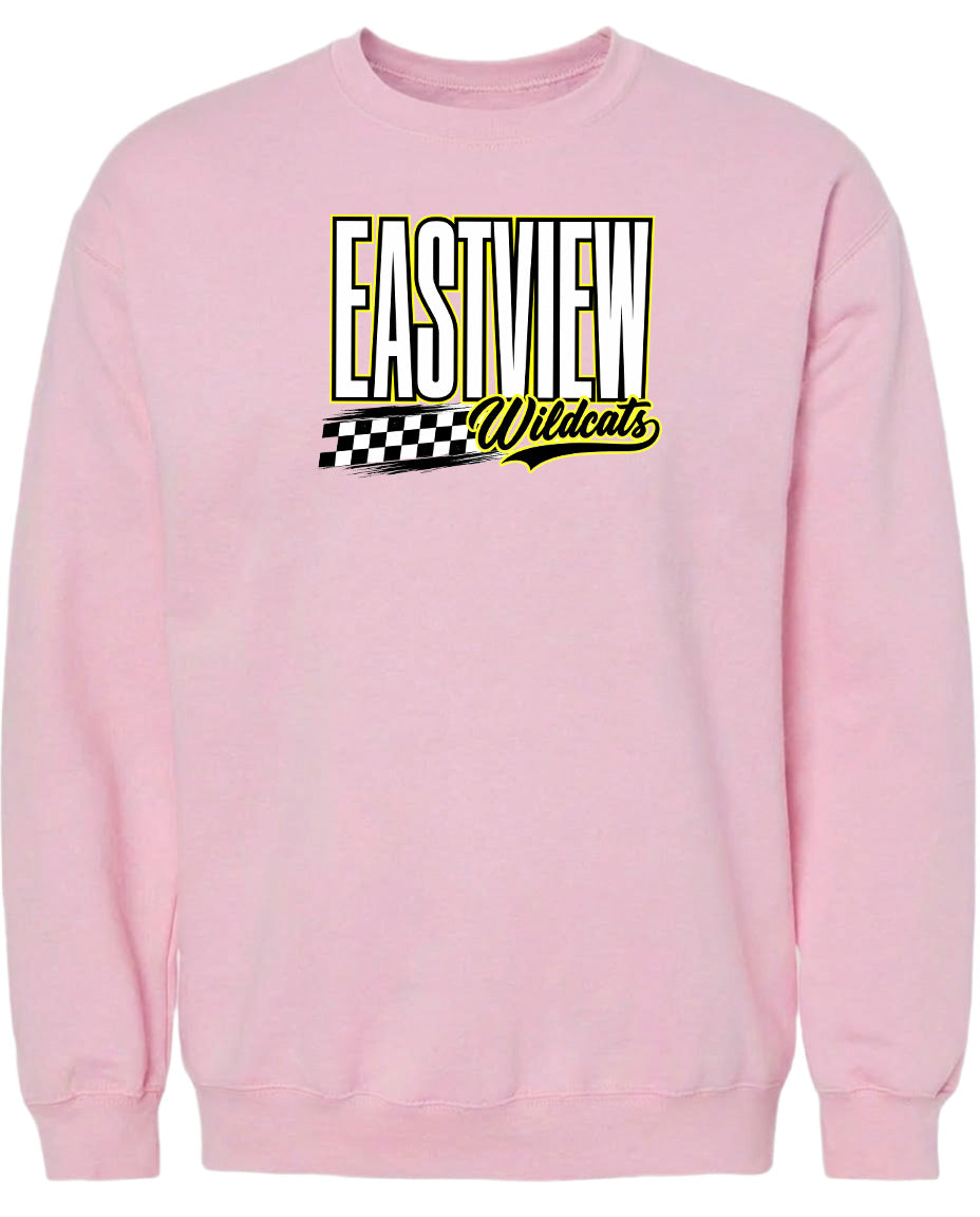A pink sweatshirt with a graphic design featuring the text "EASTVIEW Wildcats" in a stylized font.