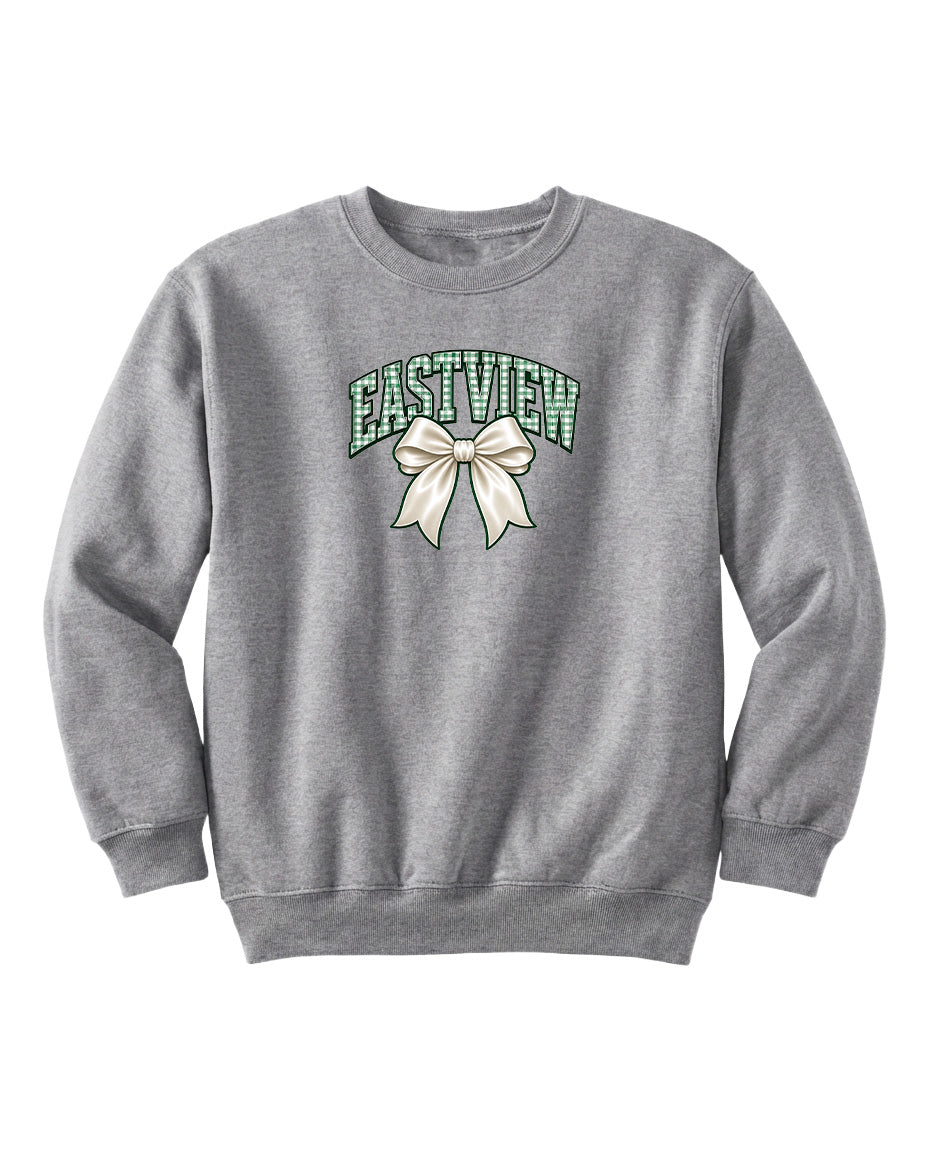 A gray sweatshirt with a graphic design on the front, featuring a large white bow.