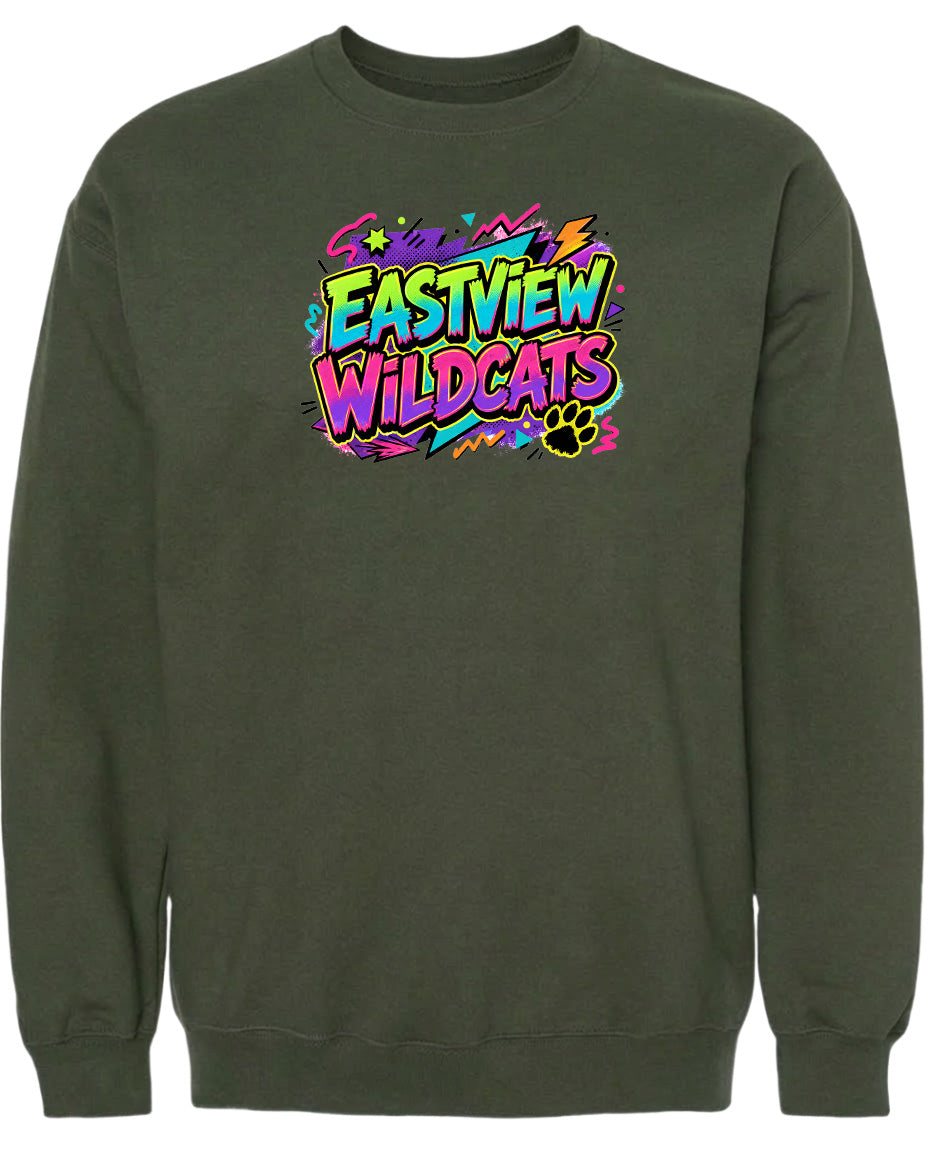 A dark green sweatshirt with a colorful graphic design on the front.