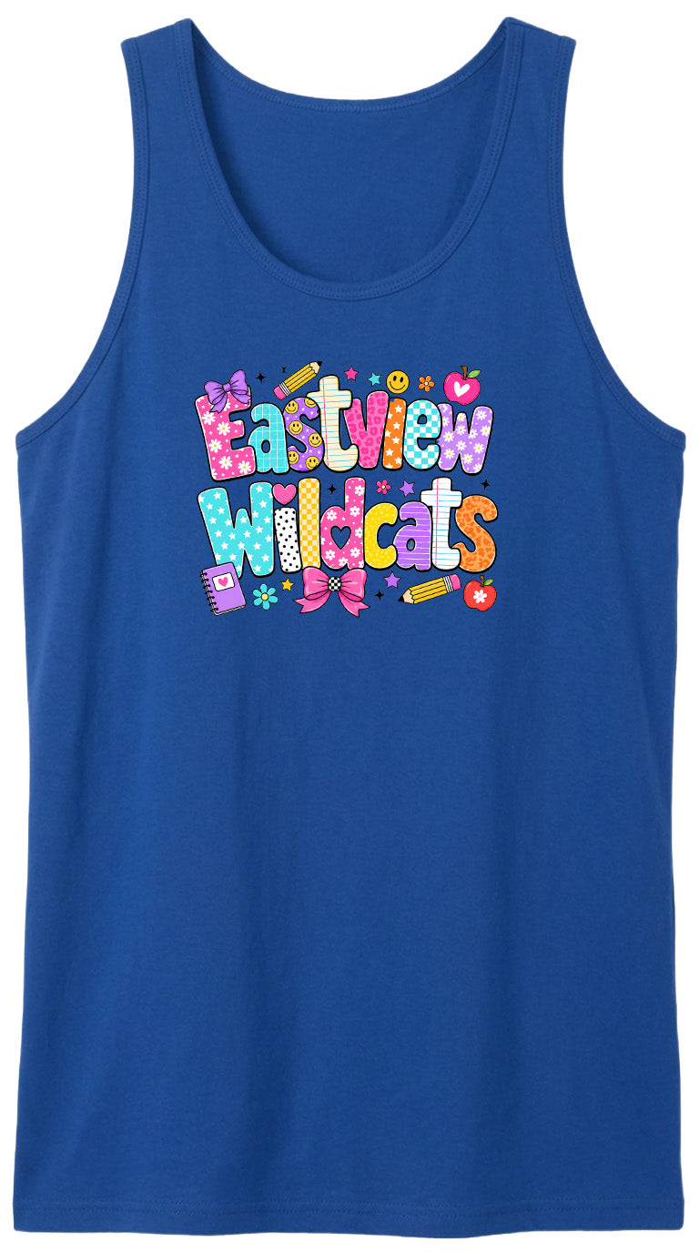 A blue tank top with the text "Eastview Wildcats" printed on it.