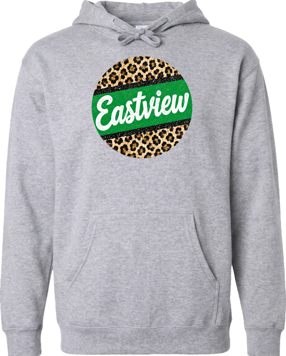 A gray hoodie with a circular design featuring a leopard print pattern and the word "Eastview" written in white text.