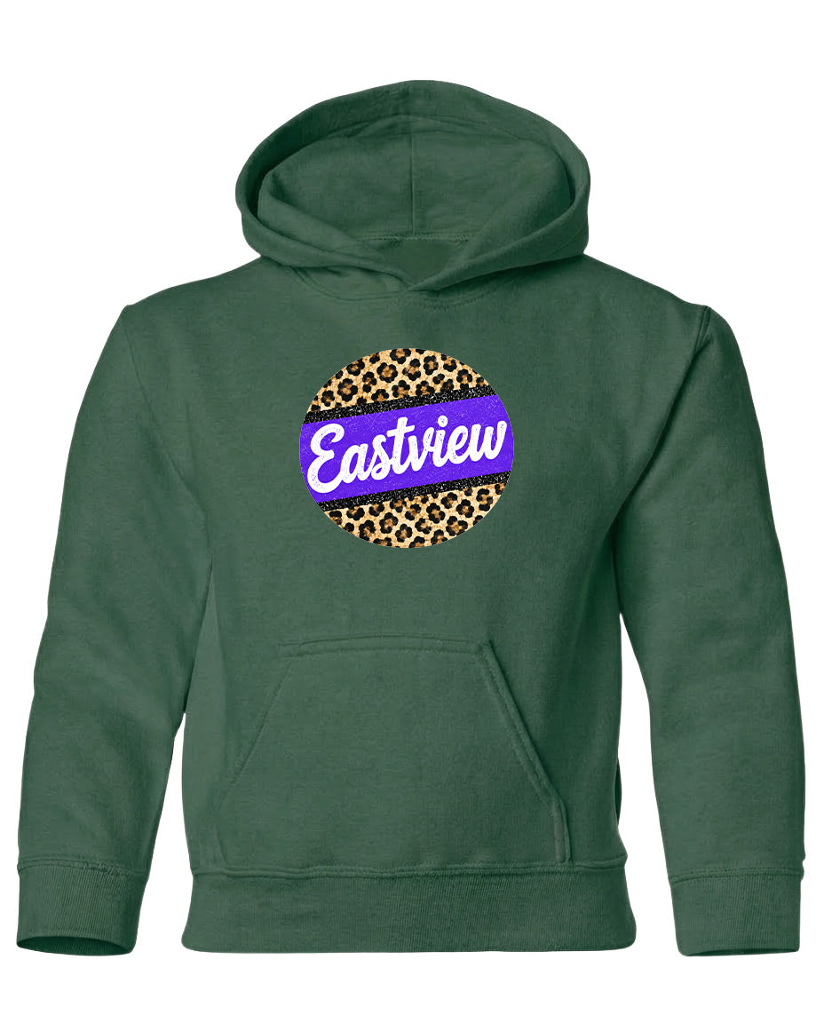 A green hoodie with a leopard print design and the word "Eastview" printed on it.