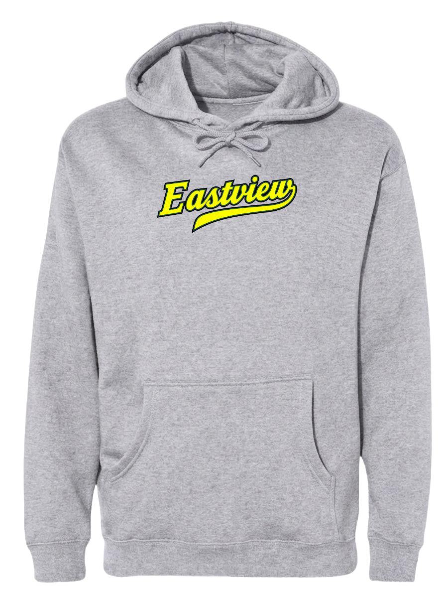 A gray hooded sweatshirt with a yellow logo on the front.