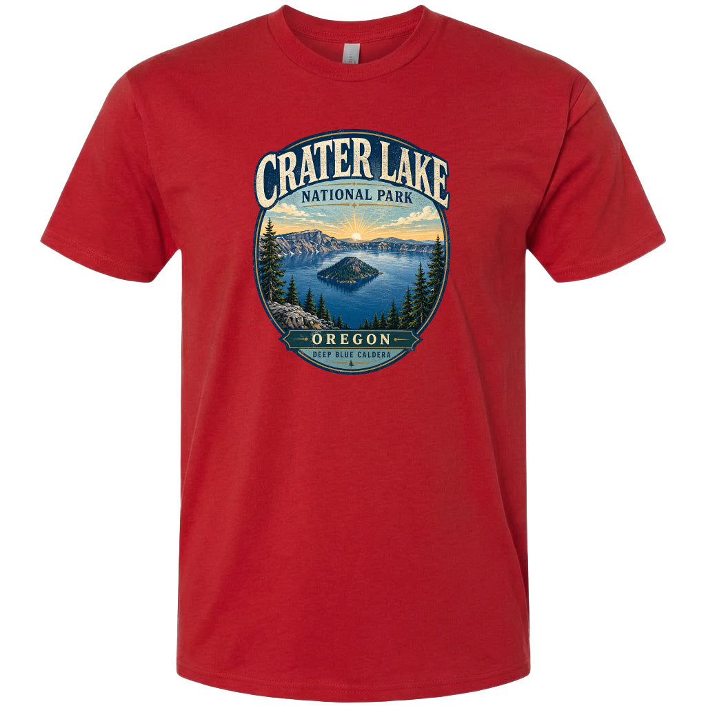 A red t-shirt with a graphic design depicting Crater Lake National Park in Oregon.