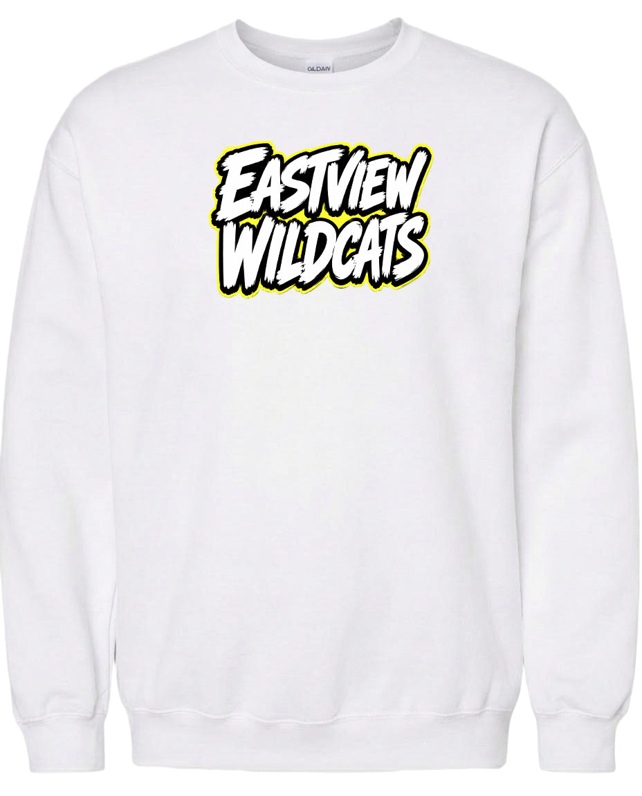 A white sweatshirt with the text "EASTVIEW WILDCATS" printed on it in a stylized font.