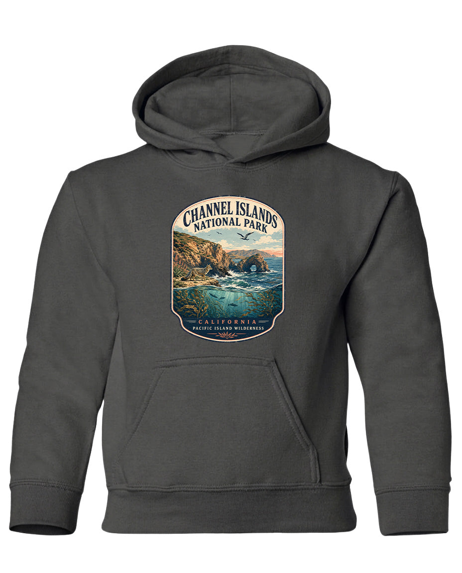 A gray hoodie with a graphic design depicting a scenic landscape, including a rocky coastline, ocean, and mountains, along with the text "Channel Islands National Park" and "California, Oregon, Washington".