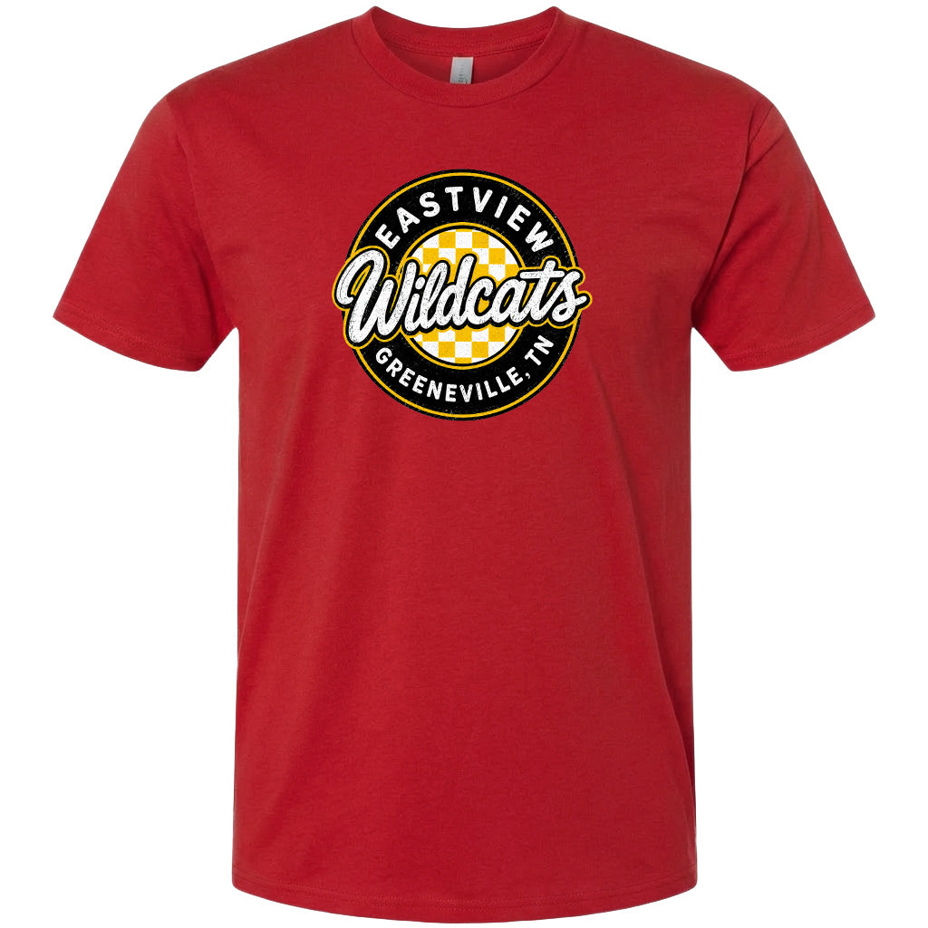 A red t-shirt with a circular logo that says "EASTVIEW Wildcats Greeneville, TN".