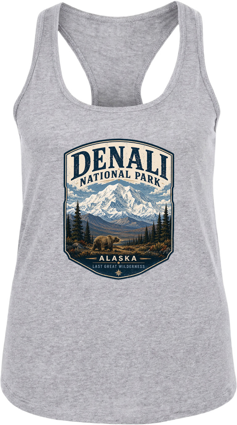 A gray tank top with a graphic design depicting Denali National Park in Alaska, featuring a mountain landscape with a bear in the foreground.