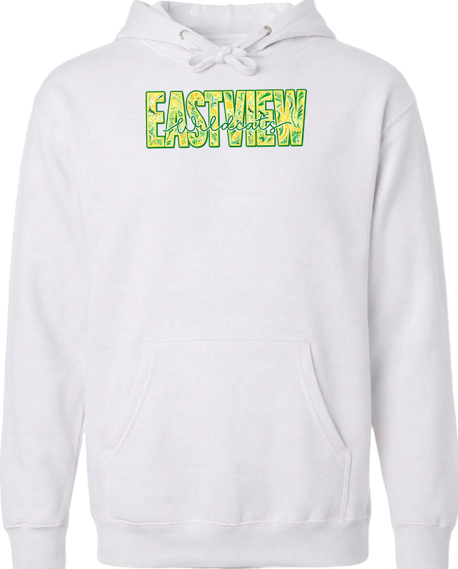 A white hoodie with a graphic design on the front.