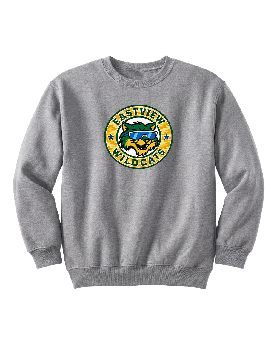 A gray sweatshirt with a logo on the front.