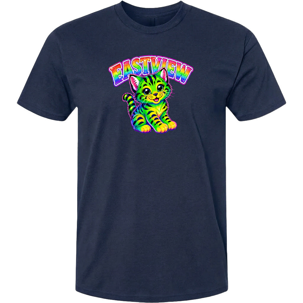 A black t-shirt with a colorful graphic design depicting a cat with a rainbow-colored pattern.