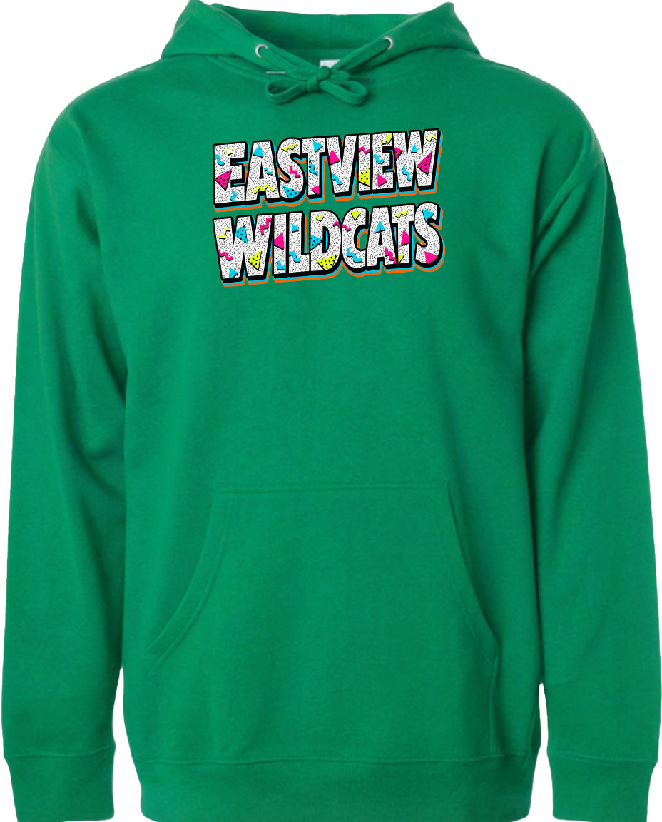 A bright green hoodie with the text "EASTVIEW WILDCATS" printed on it.