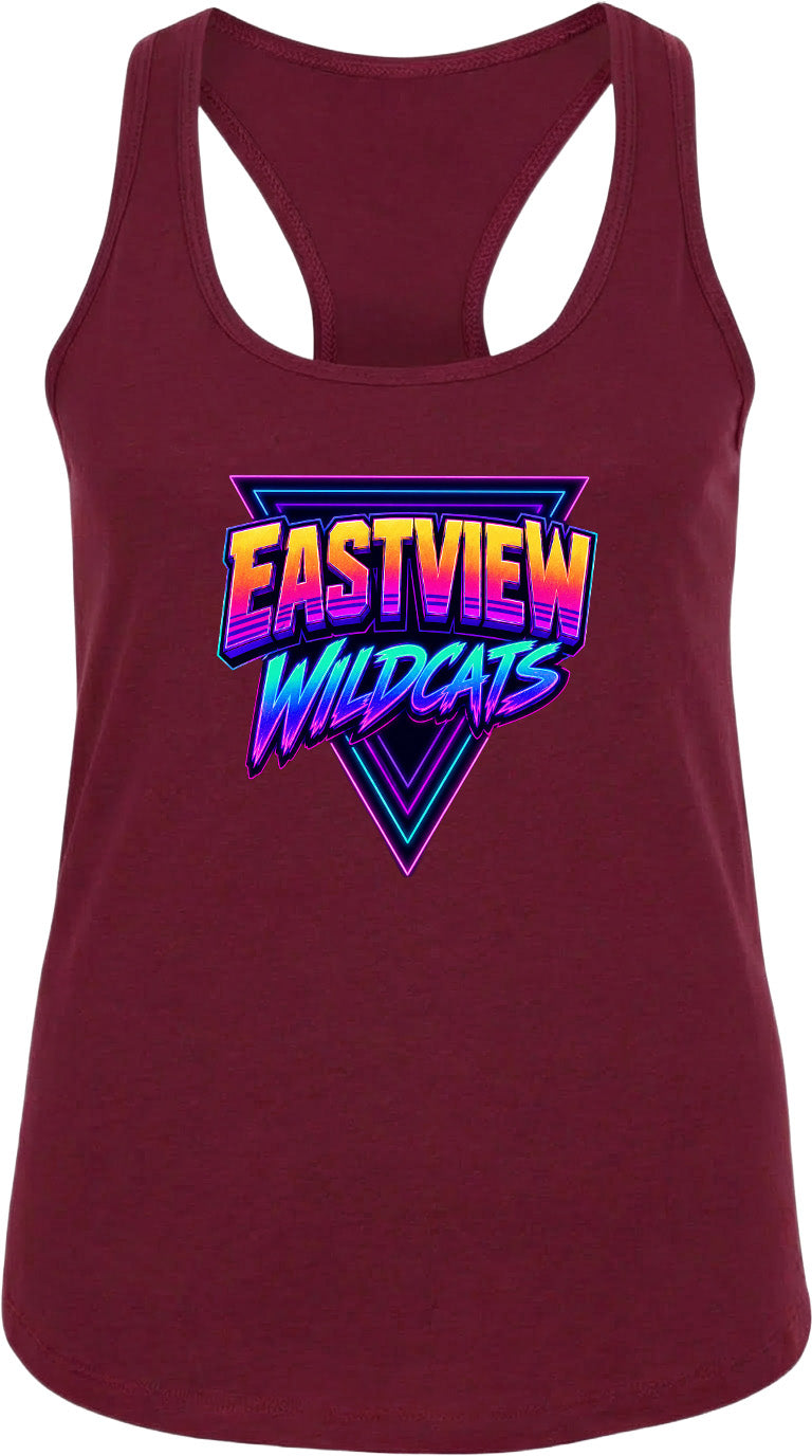 A burgundy-colored tank top with a graphic design featuring the text "EASTVIEW WILDCATS" in a retro, neon-style font.