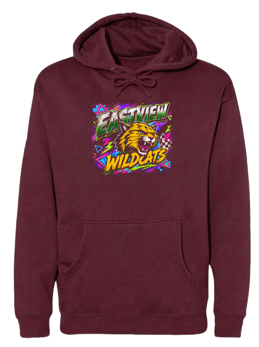 A burgundy hoodie with a graphic design featuring a fierce-looking cat and the text "EASTVIEW WILDCATS".