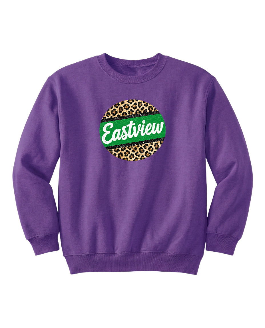 A purple sweatshirt with a leopard print design and the word "Eastview" printed on it.