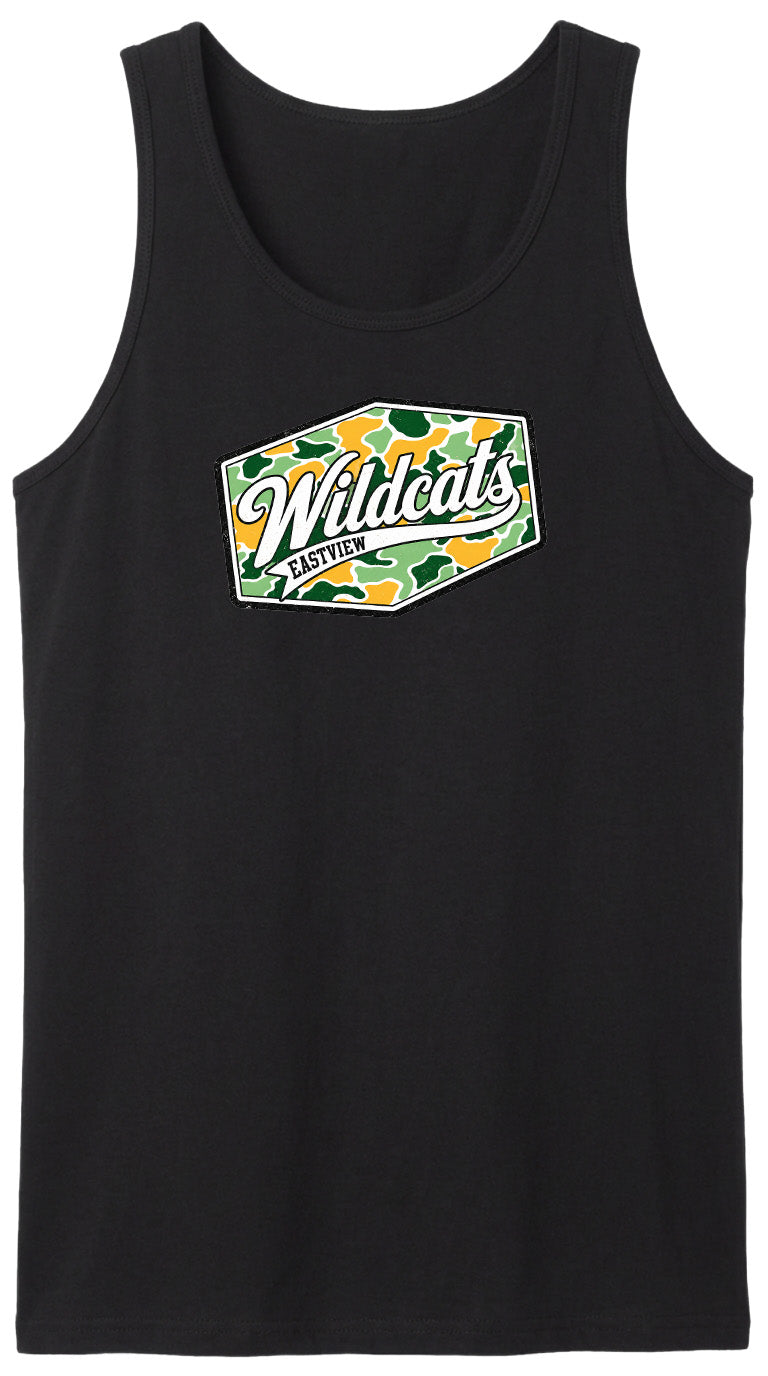A black tank top with a graphic design on the front.