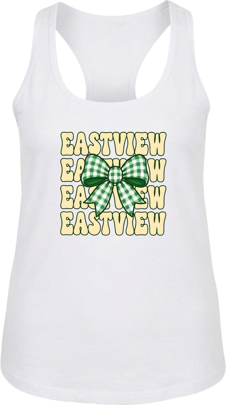 A white tank top with a green and white bow design and the text "EASTVIEW" repeated in a vertical pattern.