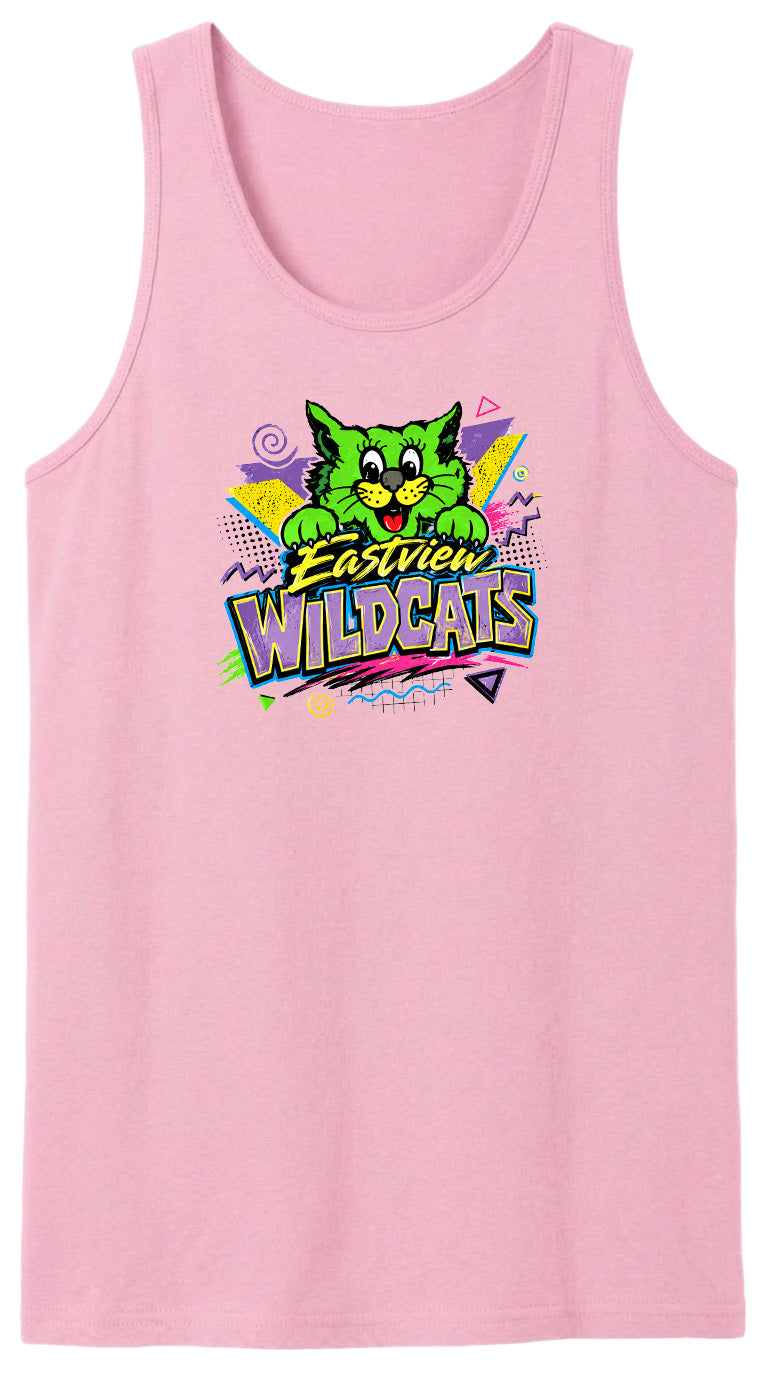 A pink tank top with a graphic design featuring a cartoon cat and the text "Wildcats" in a colorful, retro-style font.