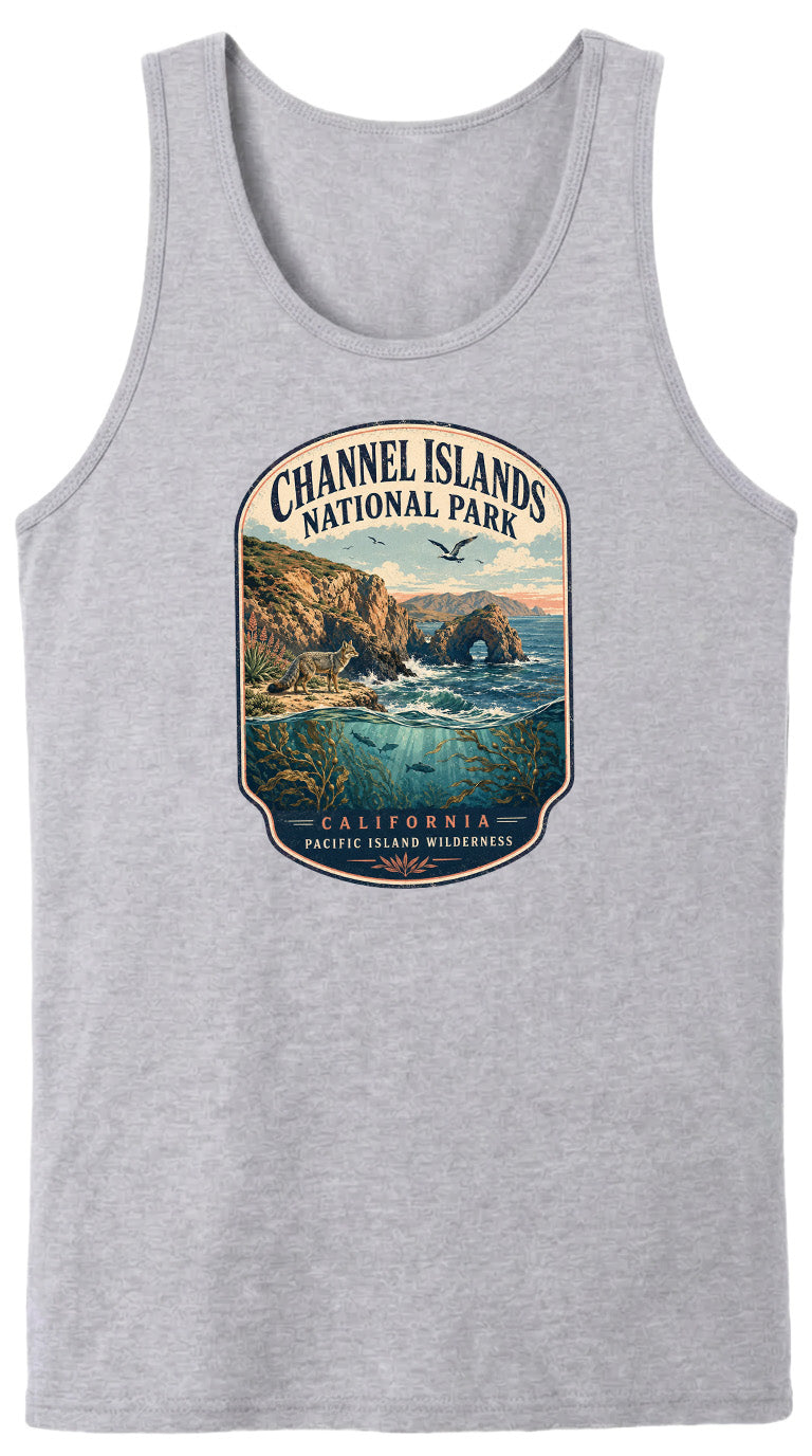 A gray tank top with a graphic design depicting a scenic landscape featuring a coastal area, mountains, and a body of water.