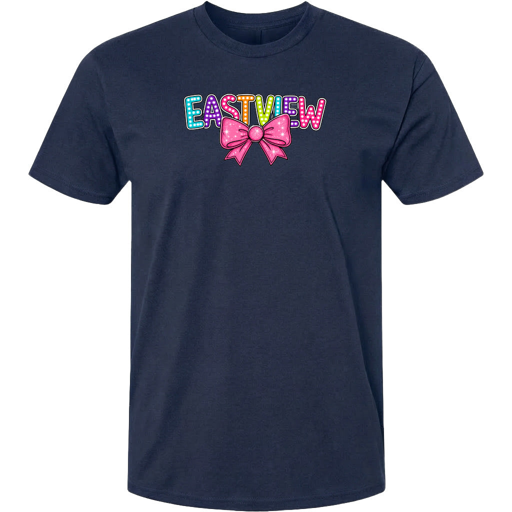 A navy blue t-shirt with a colorful graphic design featuring the word "EASTVIEW" with a bow on the left side.
