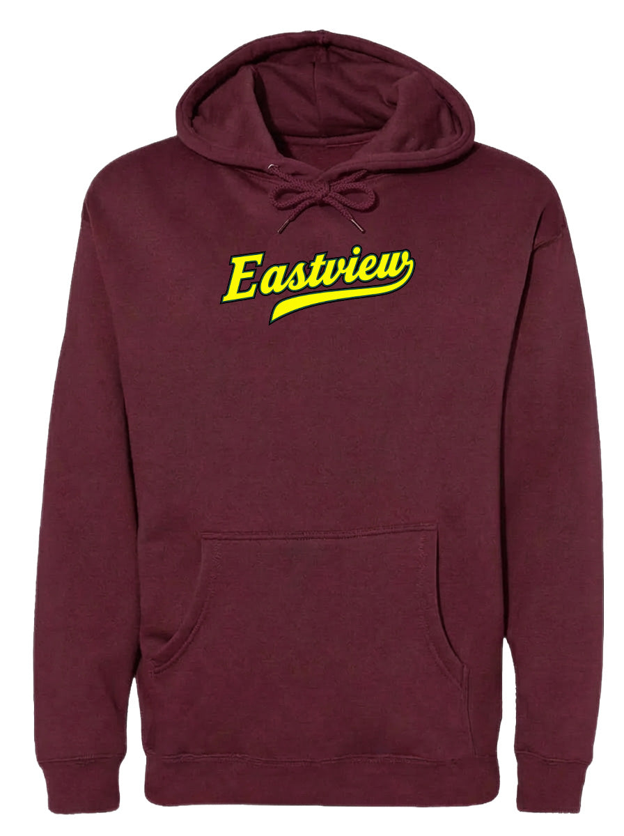 A burgundy-colored hoodie with the text "Eastview" printed in yellow on the front.