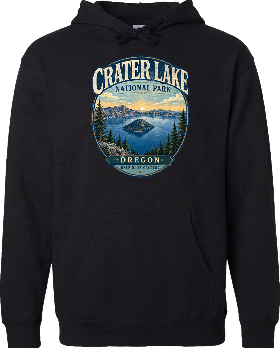 A black hoodie with a graphic design depicting Crater Lake National Park in Oregon.
