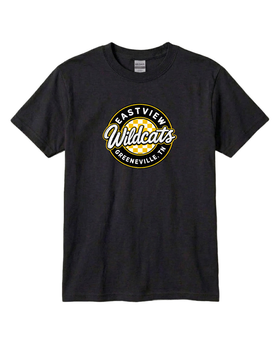 A black t-shirt with a graphic design featuring the text "EASTVIEW WILDCATS" and "GREENEVILLE, TENN."