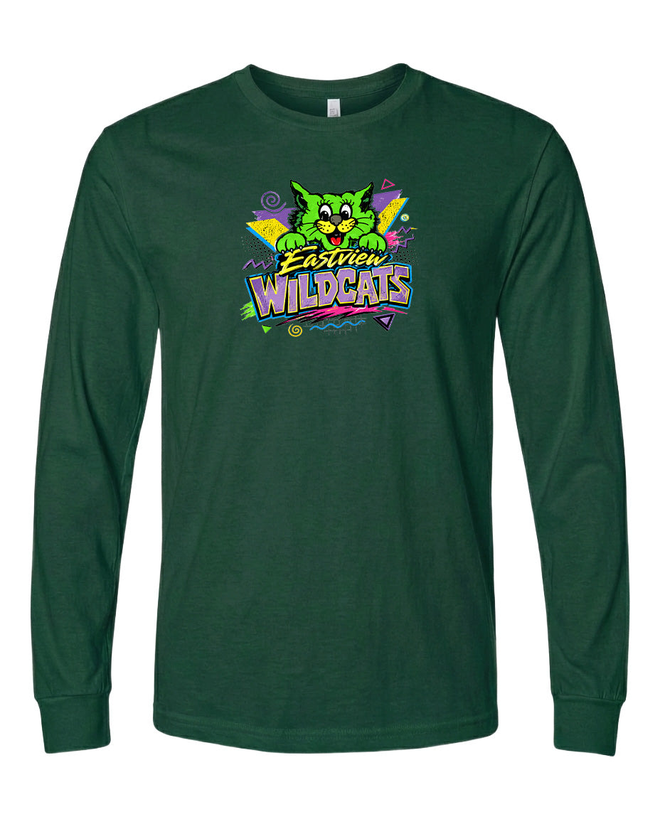 A long-sleeved green t-shirt with a colorful graphic design featuring a cartoon cat and the text "Easter Wildcats".