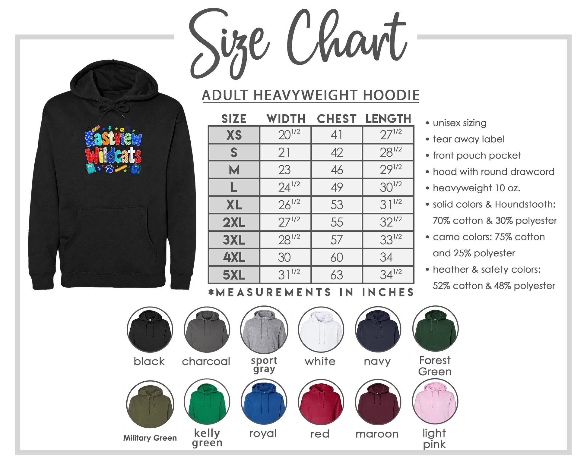 The image is a size chart for an adult heavyweight hoodie, including various color options and measurements in inches.