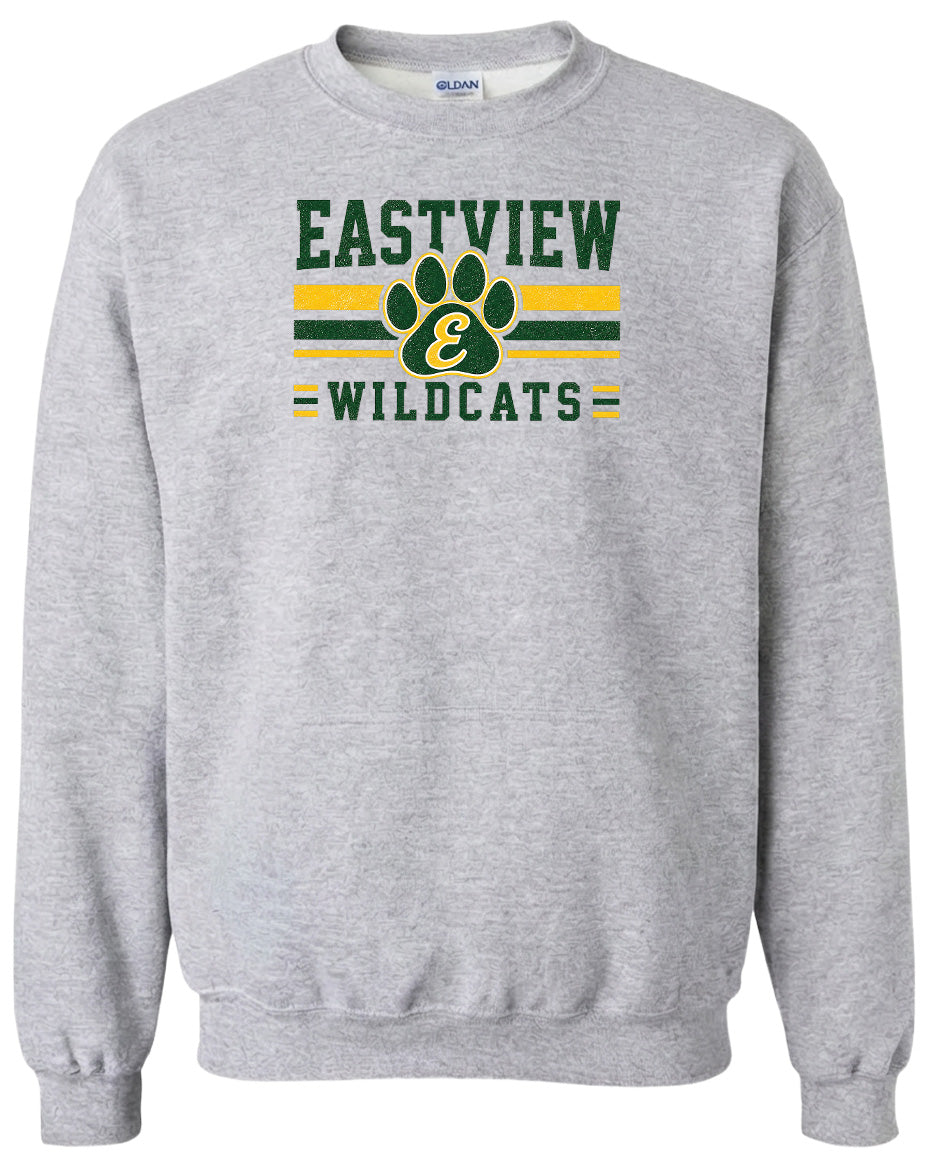 A gray sweatshirt with a graphic design featuring the text "EASTVIEW WILDCATS" and a paw print logo.
