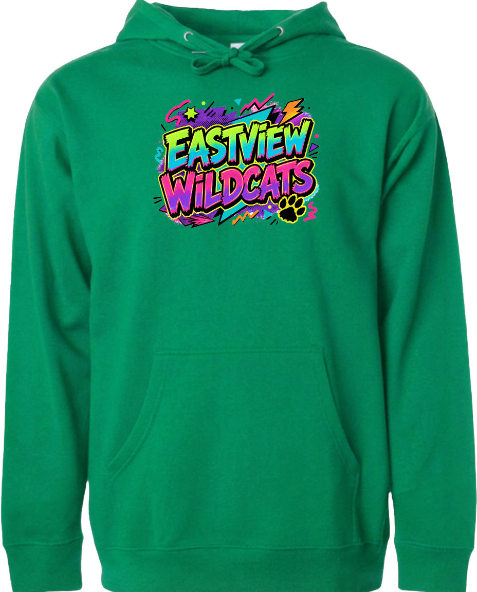 A bright green hoodie with a colorful graphic design on the front.
