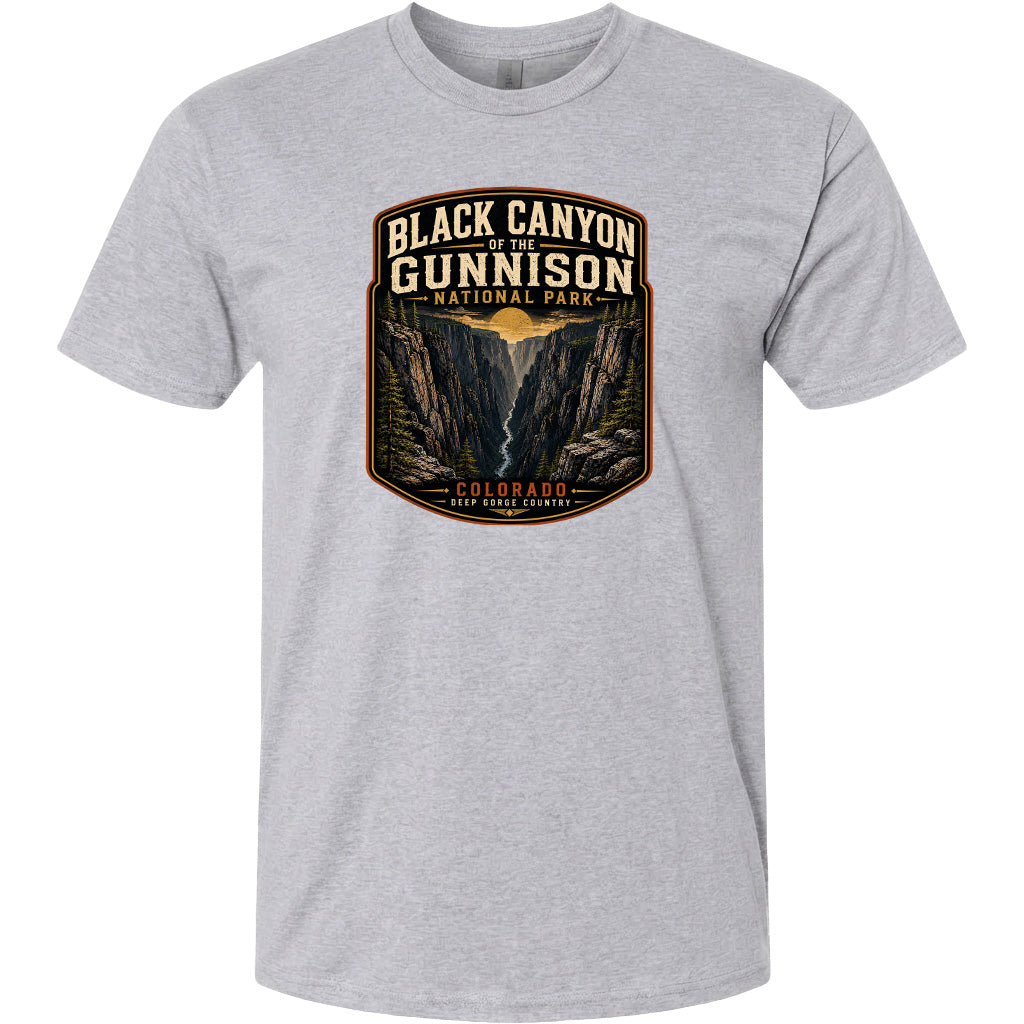 A gray t-shirt with a graphic design depicting the Black Canyon of the Gunnison National Park in Colorado.