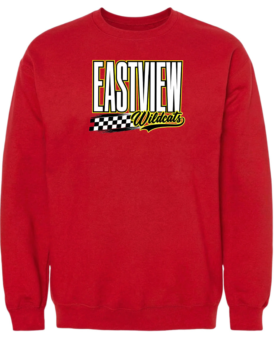 A red sweatshirt with a graphic design featuring the text "EASTVIEW Wildcats" and a checkered flag pattern.